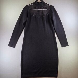 St John Evening‎ Marie Gray Black Knit Cocktail Dress Mesh Sequin Mock Neck 6